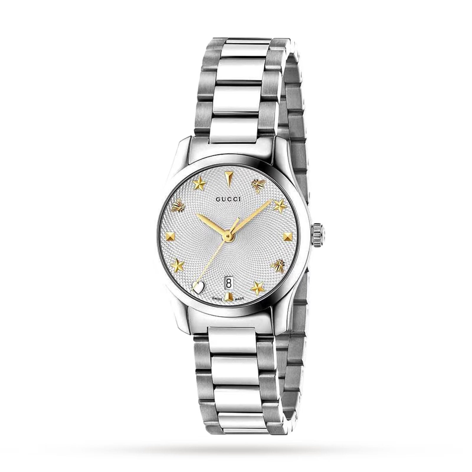 Elegant Gucci ladies' G-Timeless watch with a 27mm stainless steel case and bracelet, featuring a silver-toned dial with gold-tone logo and hands.