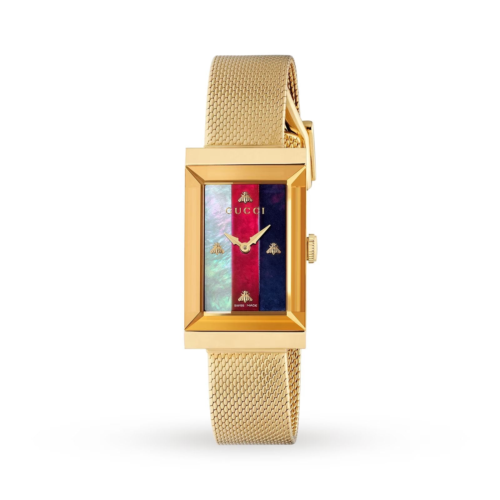 Elegant Gucci G-Frame women's watch with 21x34mm gold-tone case and bracelet.