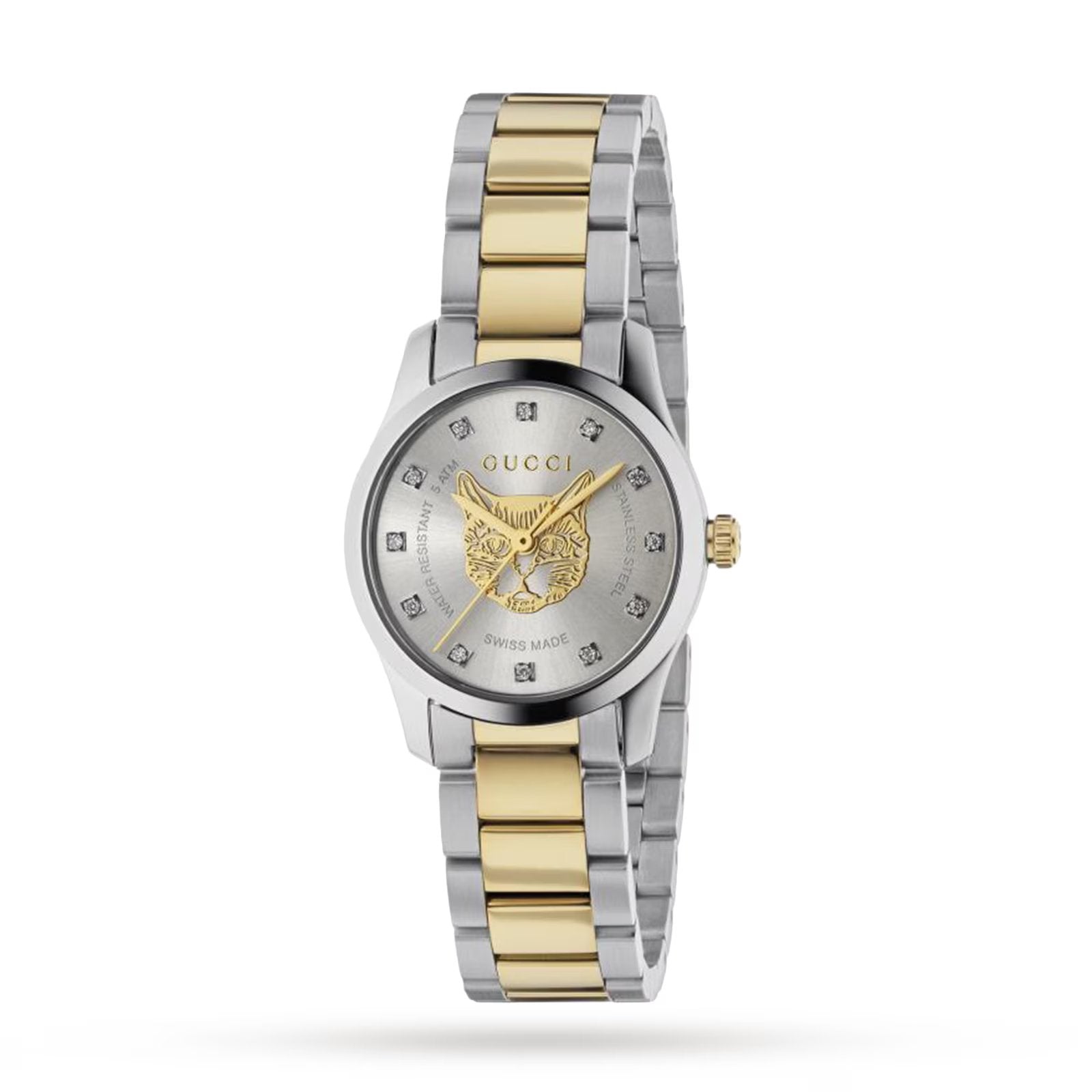 Elegant two-tone Gucci G-Timeless ladies' watch with 27mm case, silver and gold-toned stainless steel bracelet, and embellished dial with logo and diamond markers.