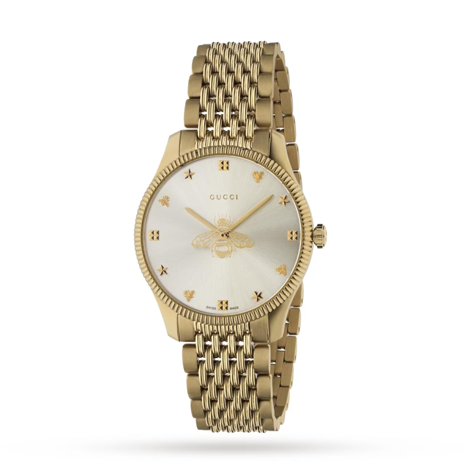 Gold-tone luxury Gucci G-Timeless ladies' watch with diamond-shaped pattern on the dial and flexible metal strap.