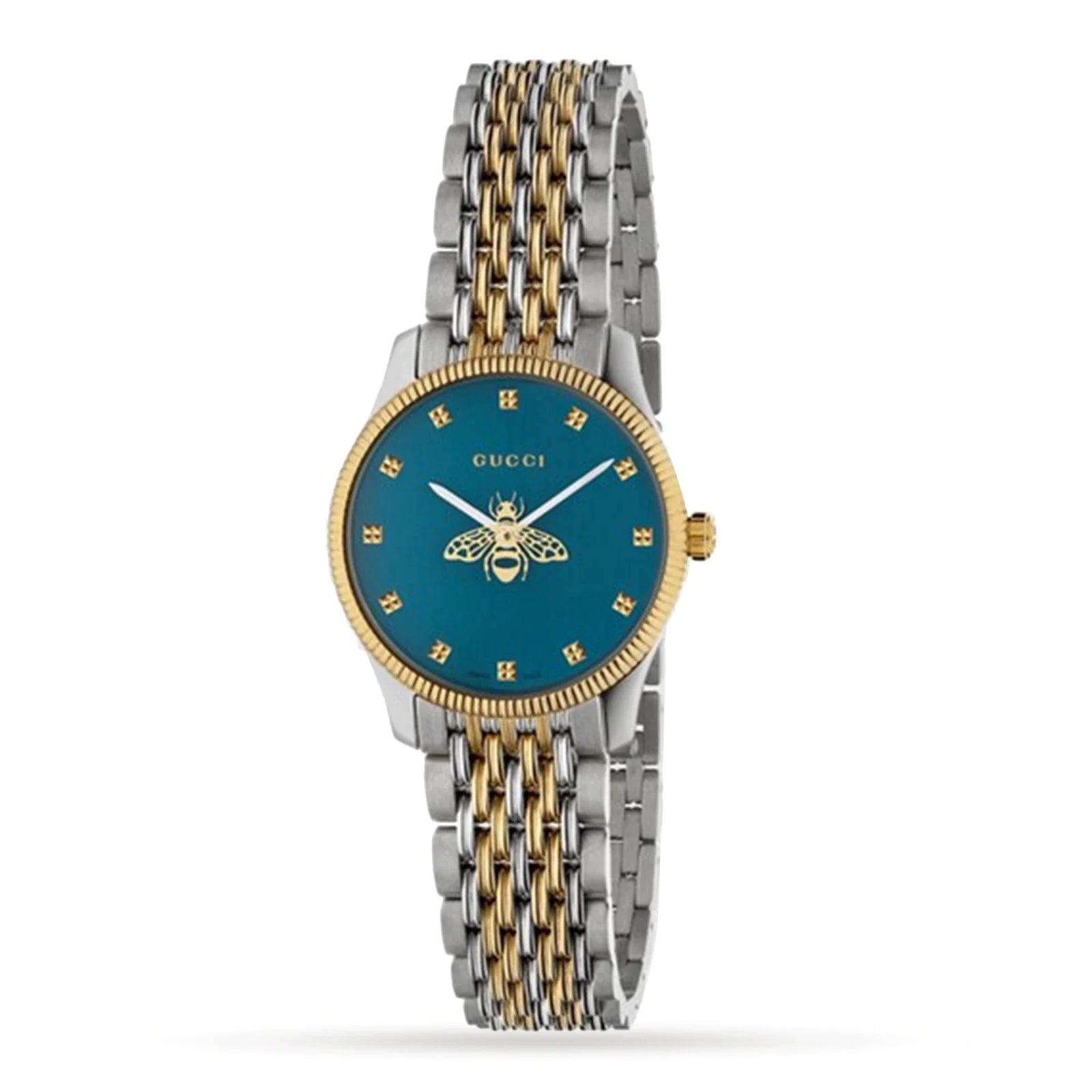 Elegant Gucci Ladies' G-Timeless Watch, 29mm. Two-tone stainless steel case and bracelet. Bee emblem and teal dial with diamond-shaped hour markers. Premium timepiece with classic Gucci design.