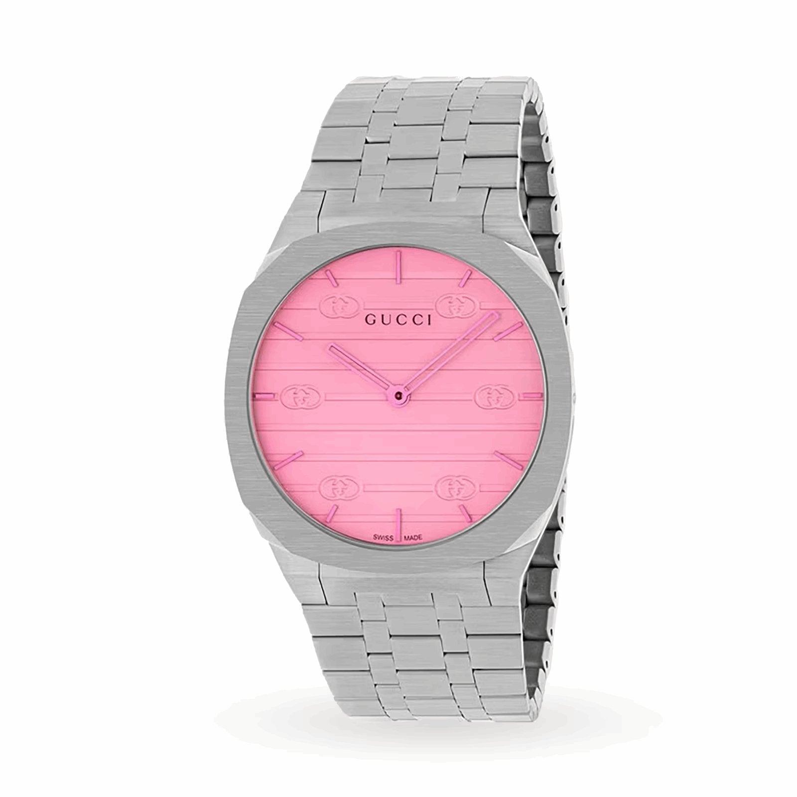 Stainless steel ladies' Gucci 25H watch, 38mm with a sleek pink dial and classic Gucci branding.