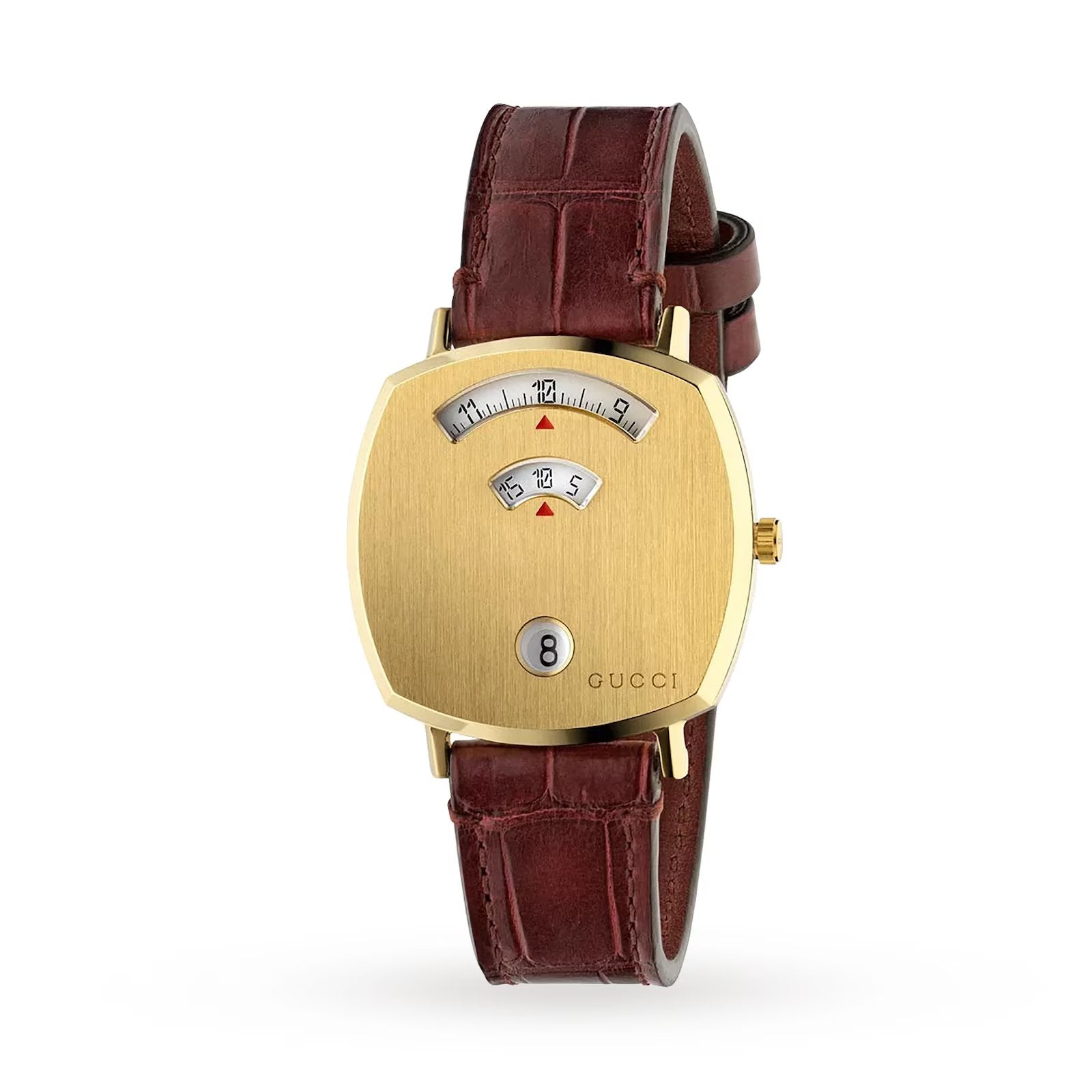 Elegant Gucci ladies' watch with gold-toned case, brown leather strap, and distinctive analog display.