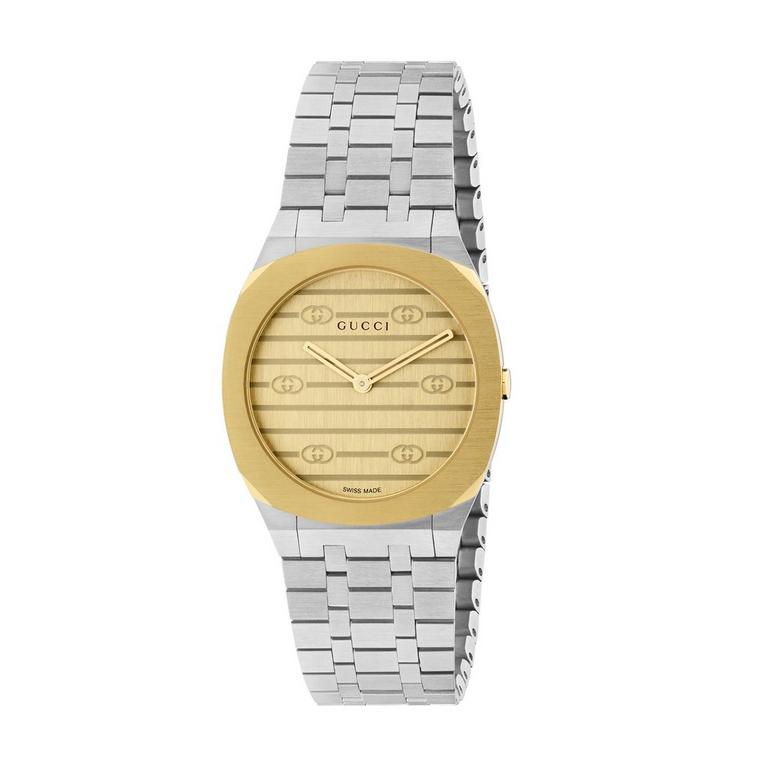 Elegant Gucci 25H 18ct Yellow Gold Plated Ladies' Watch with Stainless Steel Bracelet