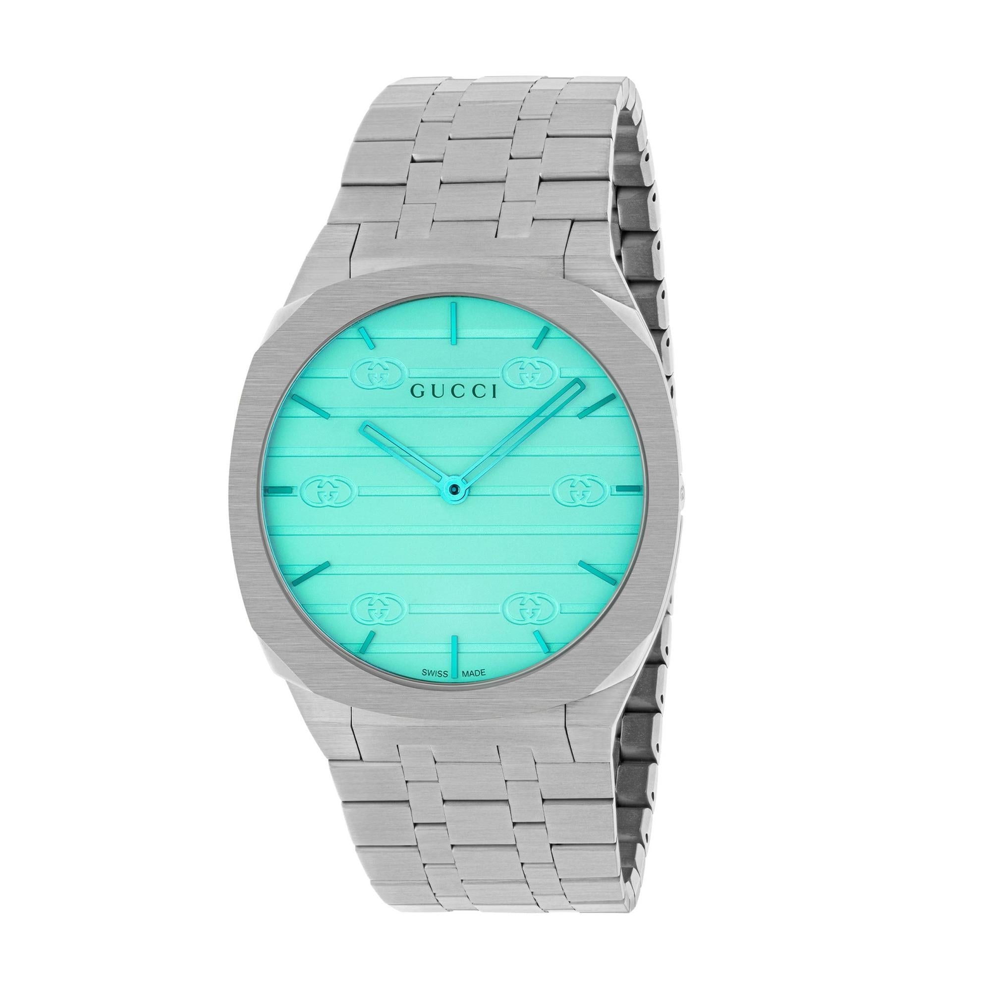 Elegant Gucci 25H blue ladies' watch with stainless steel bracelet and vibrant aqua dial showcasing the iconic Gucci logo and design.