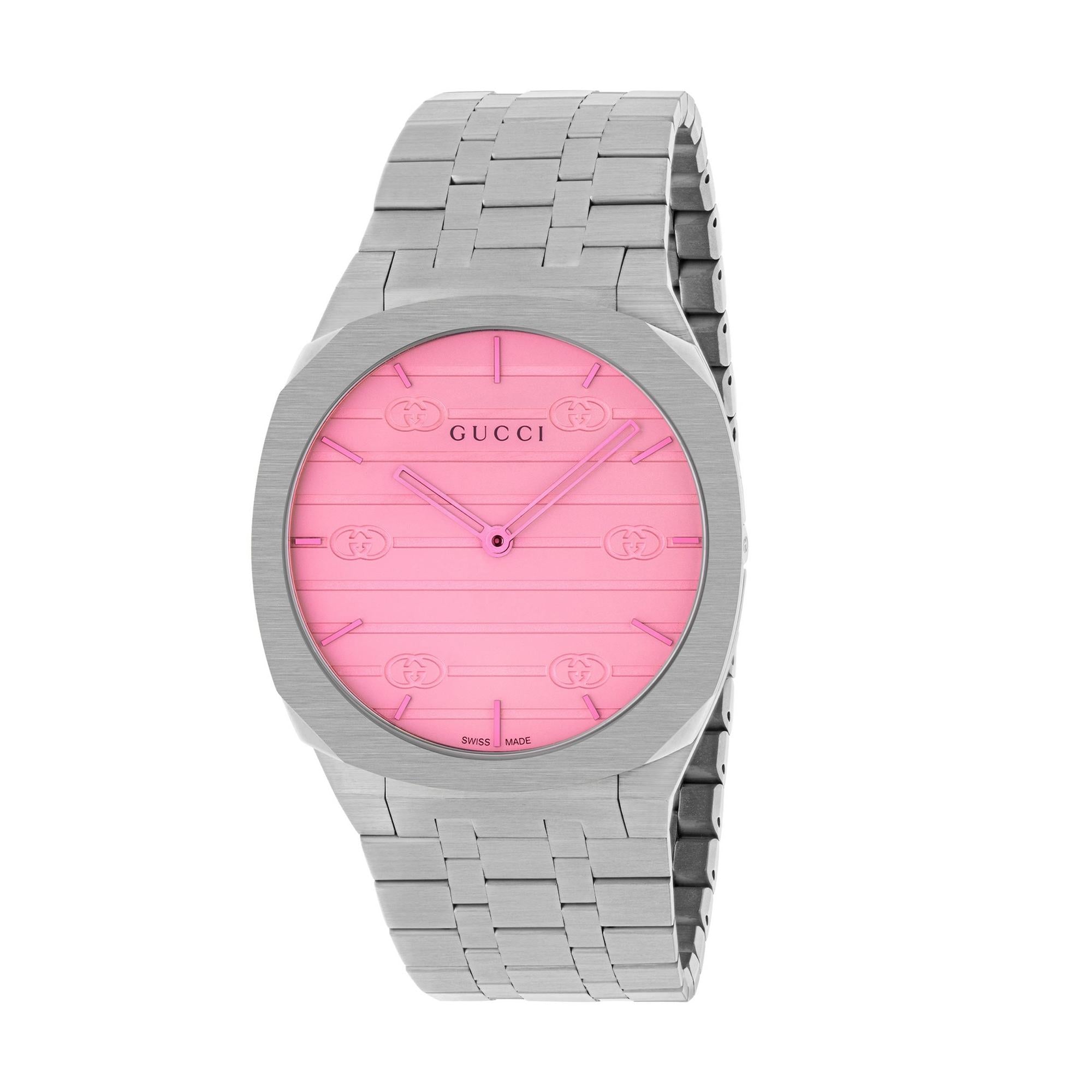 Stainless steel Gucci 25H ladies' watch with a vibrant pink dial, showcasing the iconic Gucci branding and sleek, modern design.