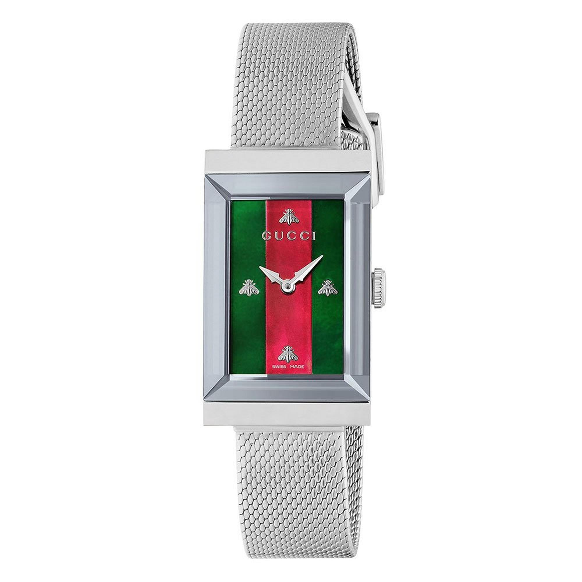 Rectangular Gucci G-Frame ladies' watch with a classic green and red striped dial adorned with the iconic Gucci logo and bee motifs, presented on a polished steel mesh bracelet.