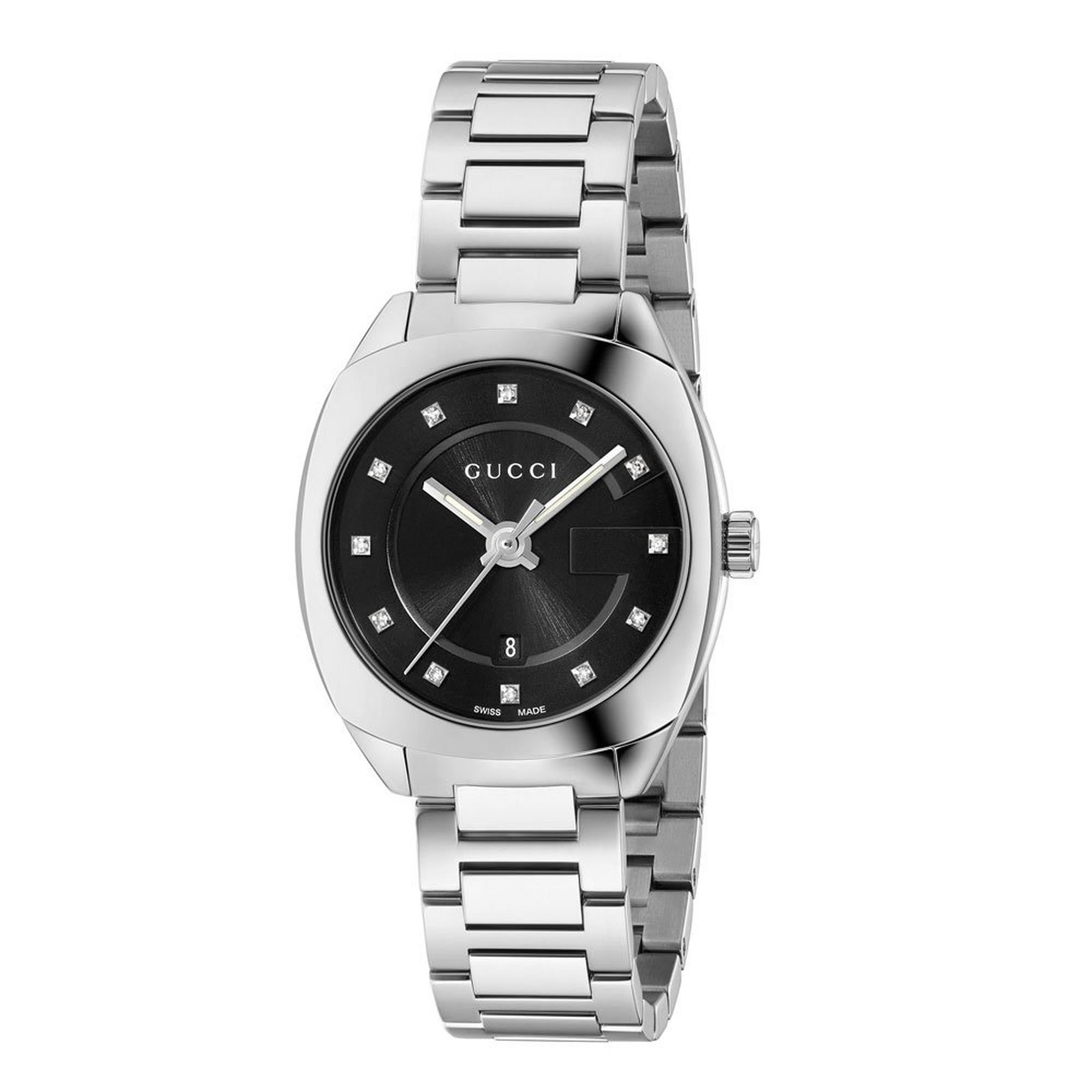 Elegant Gucci GG2570 Diamond Ladies Watch with stainless steel bracelet and black dial adorned with sparkling diamond indices.