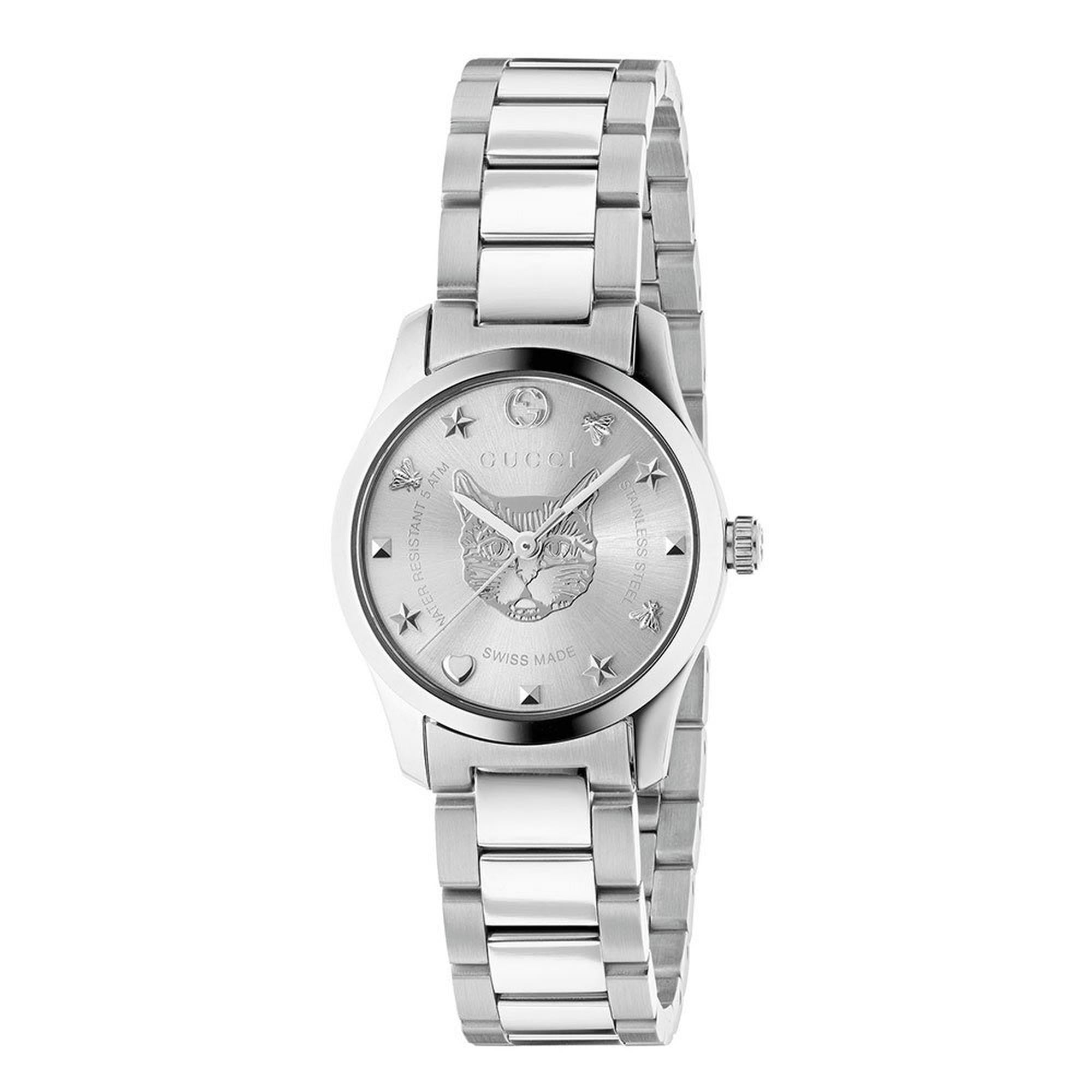 Silver Gucci G-Timeless Mystic Cat ladies' watch with stainless steel bracelet and cat logo on the dial.