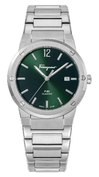 Salvatore Ferragamo F-80 Classic Green Dial Silver Steel Strap Watch for Men - SFDT02123