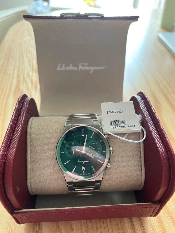 Salvatore Ferragamo Sapphire Chronograph Green Dial Silver Steel Strap Watch for Men - SFME00421