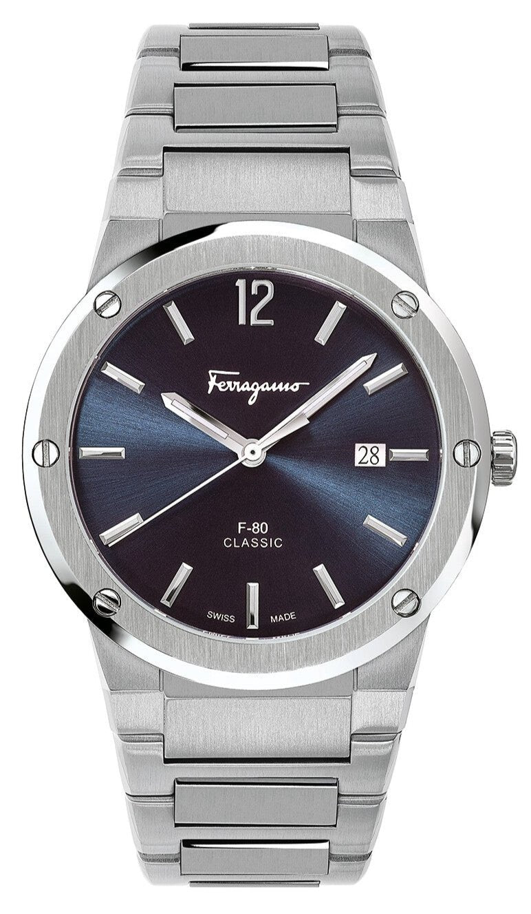 Salvatore Ferragamo F-80 Classic Blue Dial Silver Steel Strap Watch for Men - SFDT01320