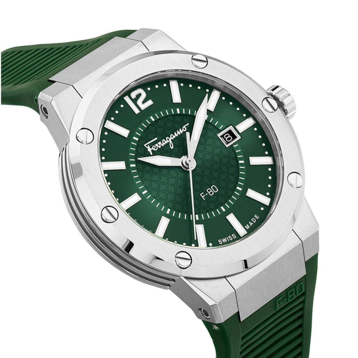 Salvatore Ferragamo F-80 Green Dial Green Rubber Strap Watch for Men - SFHY02722