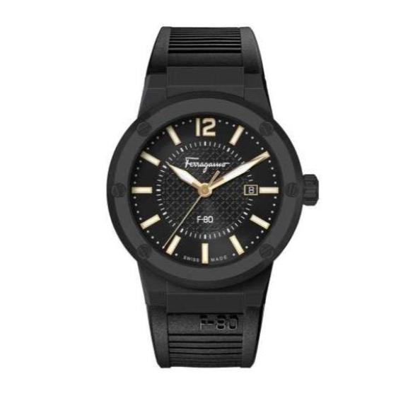 Salvatore Ferragamo F-80 Quartz Black Dial Black Rubber Strap Watch for Men - SFHY01622