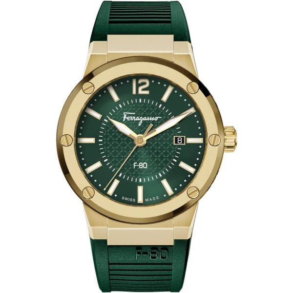 Salvatore Ferragamo F-80 Green Dial Green Rubber Strap Watch for Men - SFHY02022