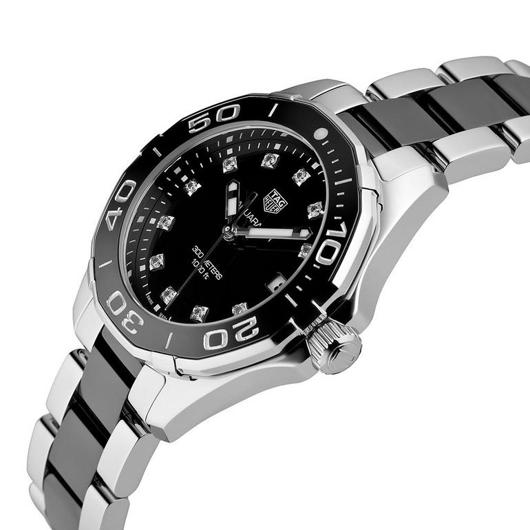 TAG Heuer Aquaracer WAY131C.BA0913 Ladies' Black Dial Diamond Diver Watch with Stainless Steel and Ceramic Bracelet