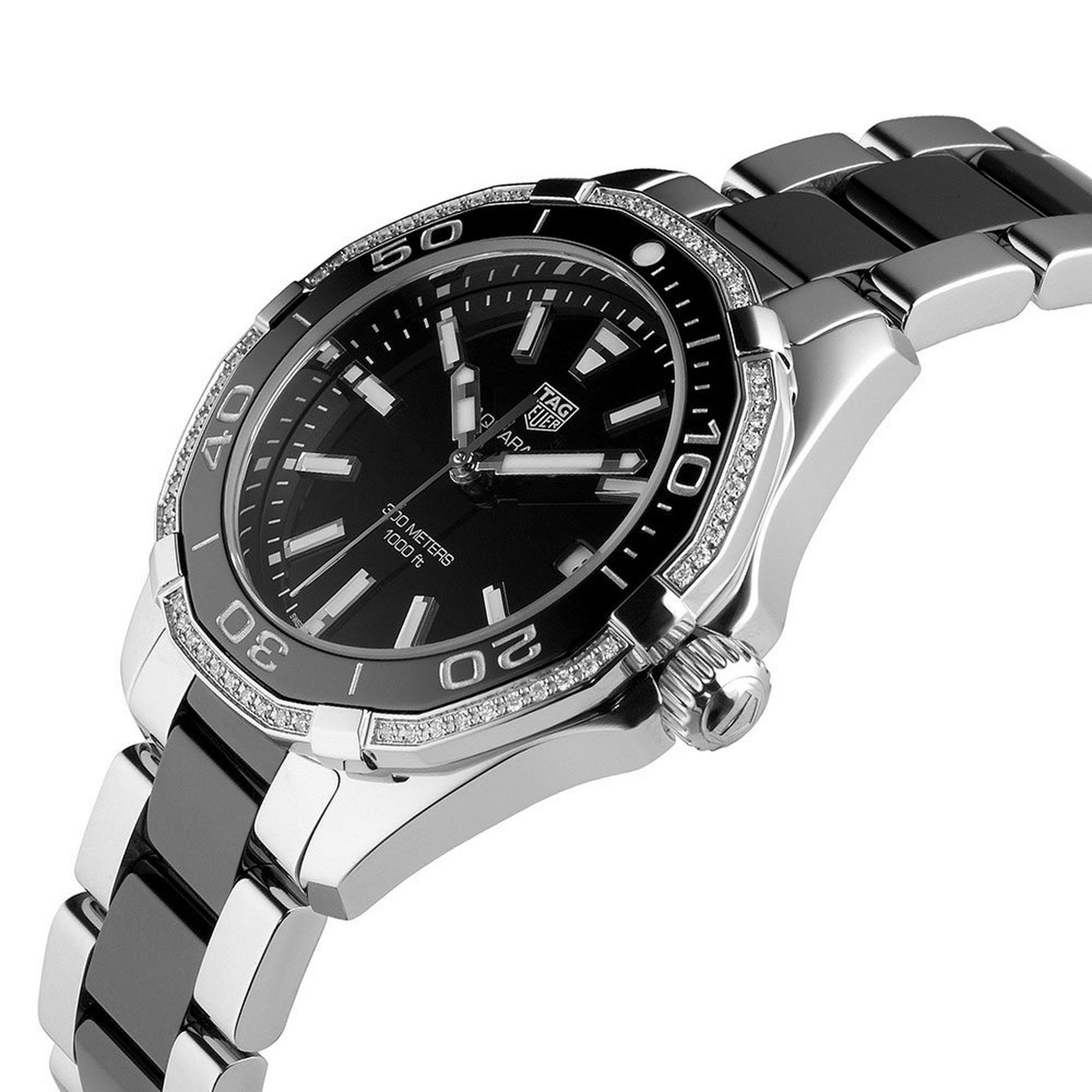 TAG Heuer Aquaracer WAY131G.BA0913 Ladies' Black Dial Diamond Bezel Diver Watch with Ceramic Bracelet