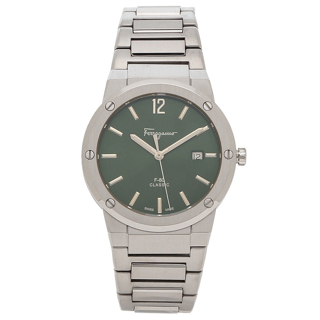 Salvatore Ferragamo F-80 Classic Green Dial Silver Steel Strap Watch for Men - SFDT02123