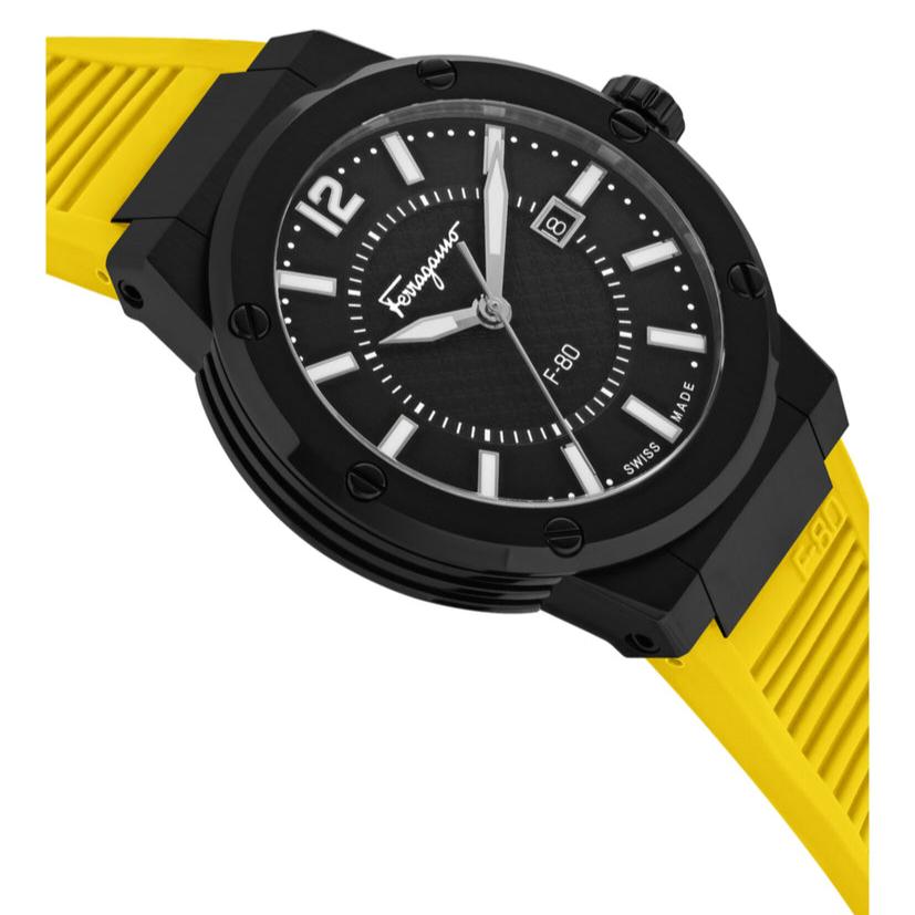 Salvatore Ferragamo F-80 Quartz Black Dial Yellow Rubber Strap Watch for Men - SFHY01522