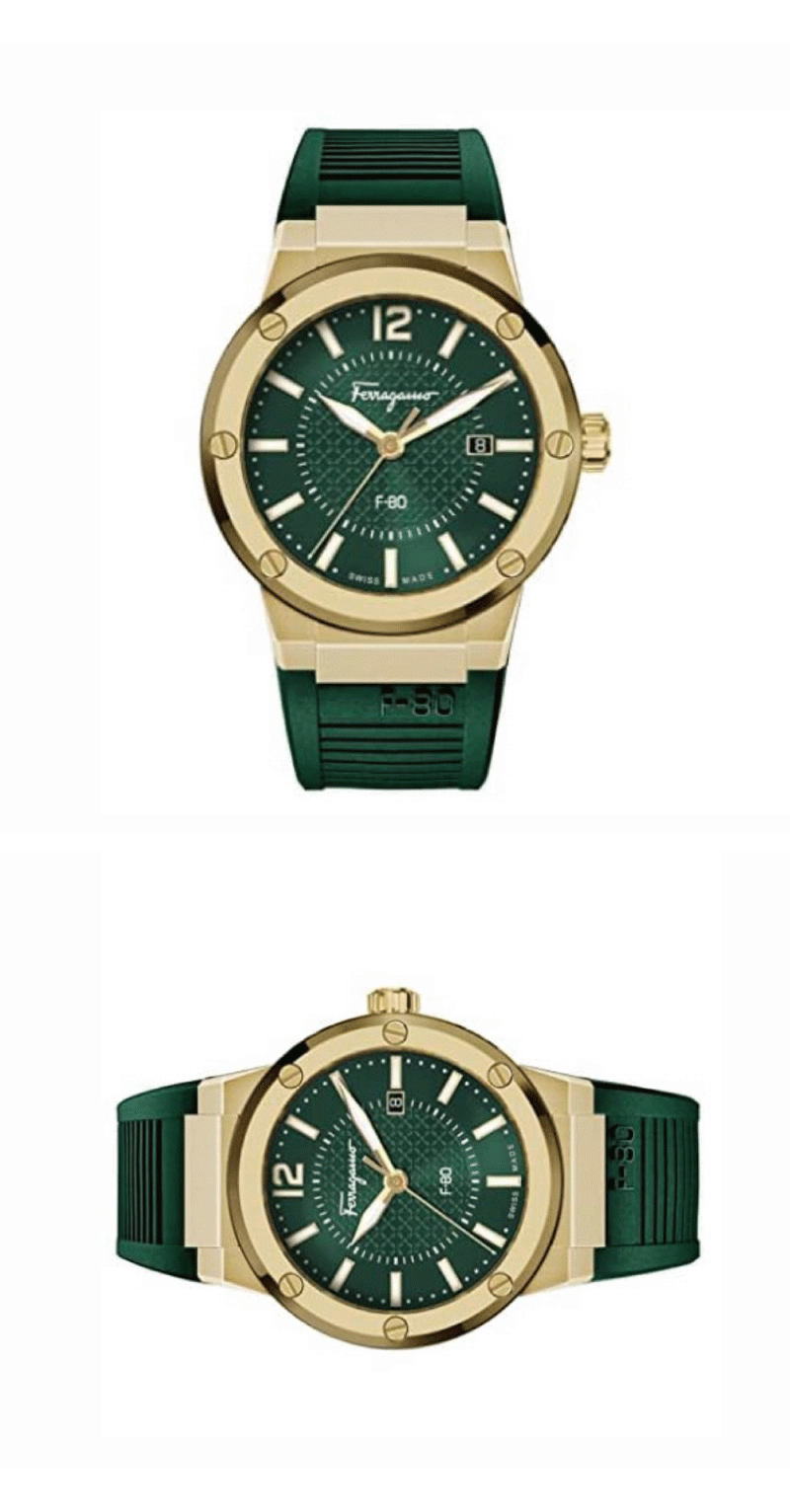 Salvatore Ferragamo F-80 Green Dial Green Rubber Strap Watch for Men - SFHY02022