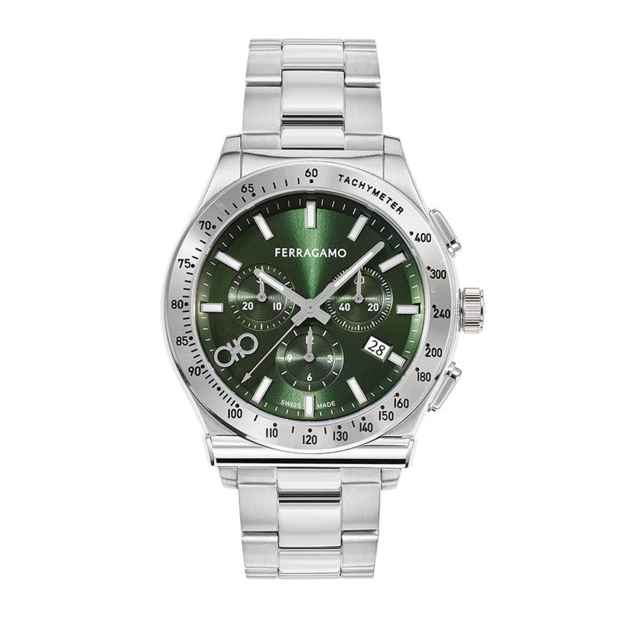 Salvatore Ferragamo 1927 Chrono Green Dial Silver Steel Strap Watch for Men - SFKZ00423