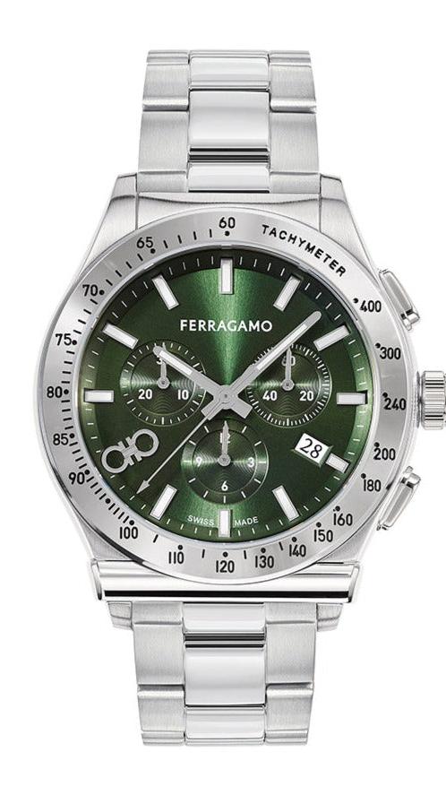 Salvatore Ferragamo 1927 Chrono Green Dial Silver Steel Strap Watch for Men - SFKZ00423