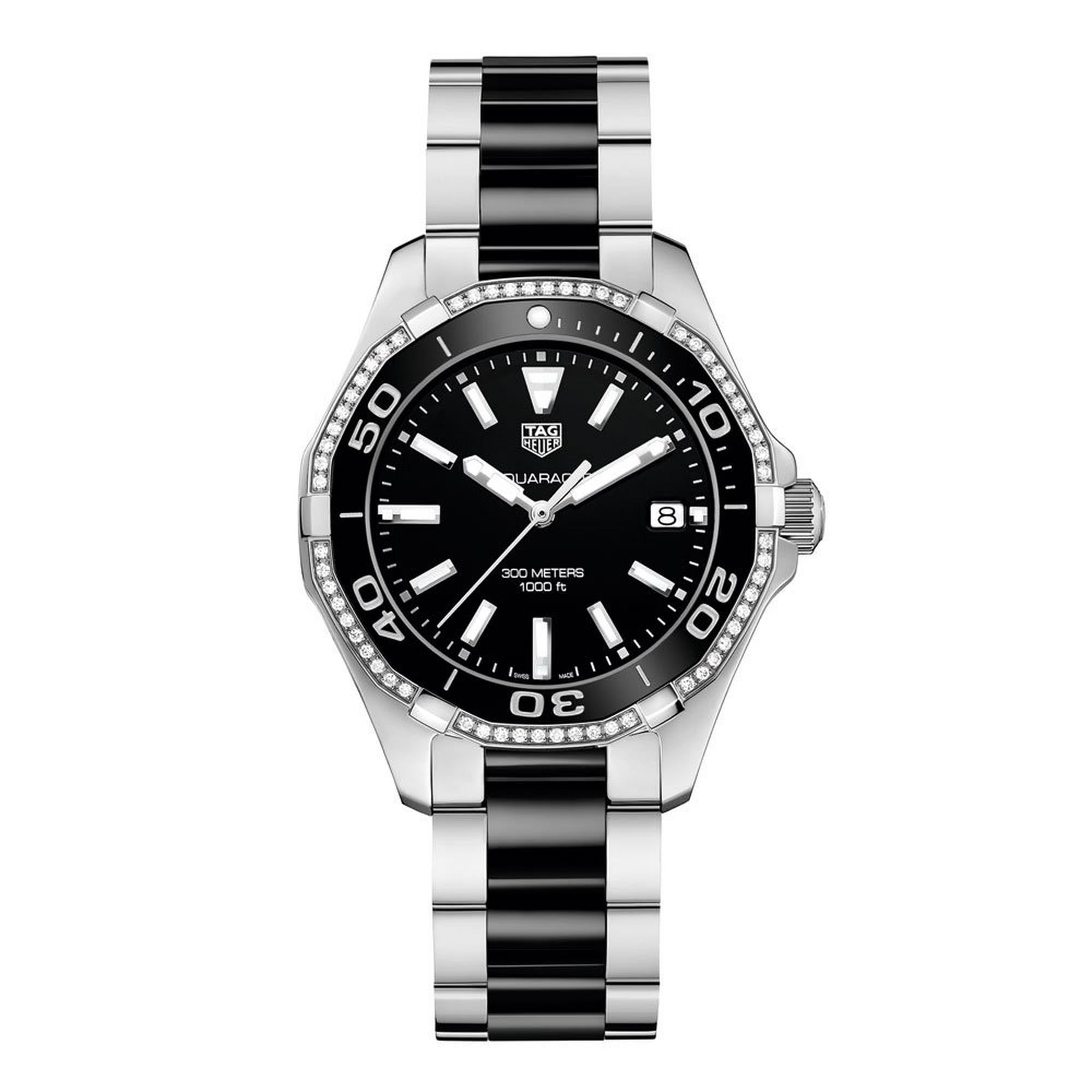 TAG Heuer Aquaracer WAY131G.BA0913 Ladies' Black Dial Diamond Bezel Diver Watch with Ceramic Bracelet