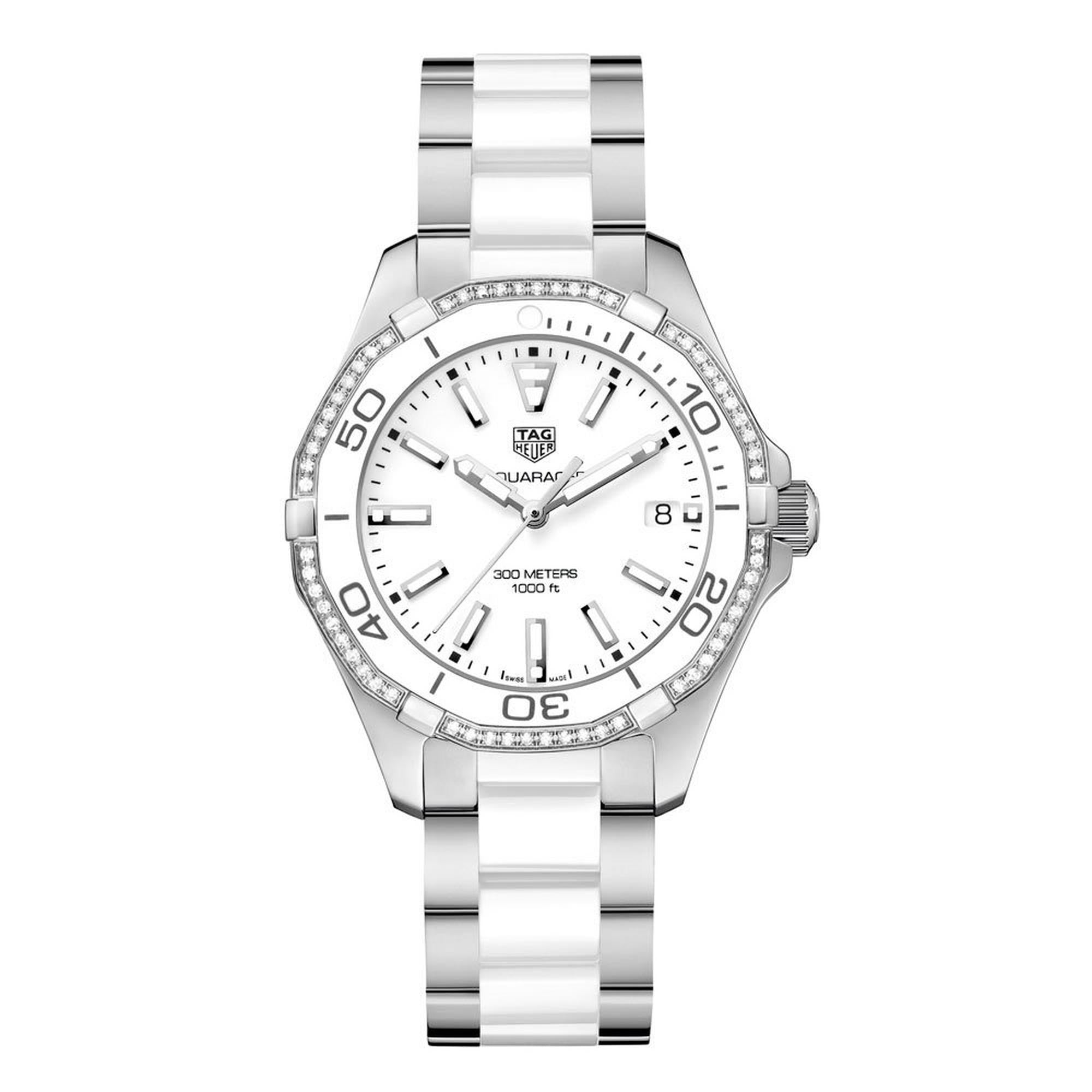 TAG Heuer Aquaracer WAY131H.BA0914 Ladies' White Dial Diamond Bezel Diver Watch with Stainless Steel and Ceramic Bracelet