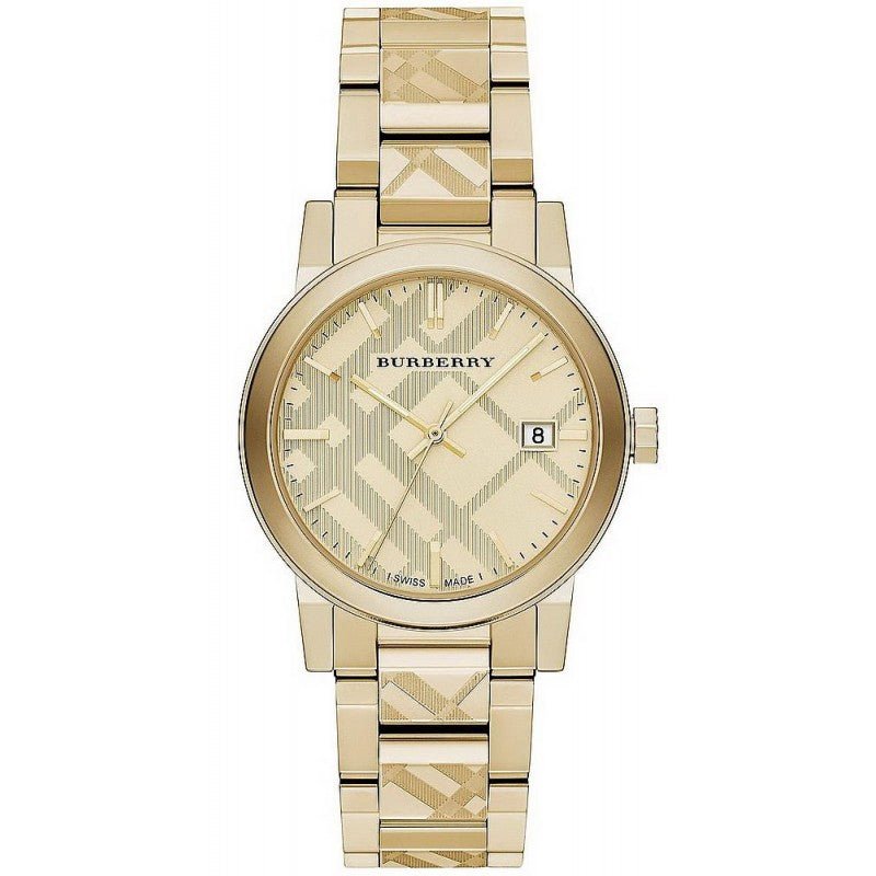 Burberry Unisex Watch The City Engraved 38mm Checked Gold BU9038