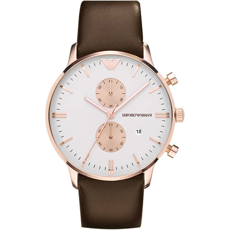 Emporio Armani AR0398 Men's Rose Gold Chronograph Watch with White Dial and Brown Leather Strap