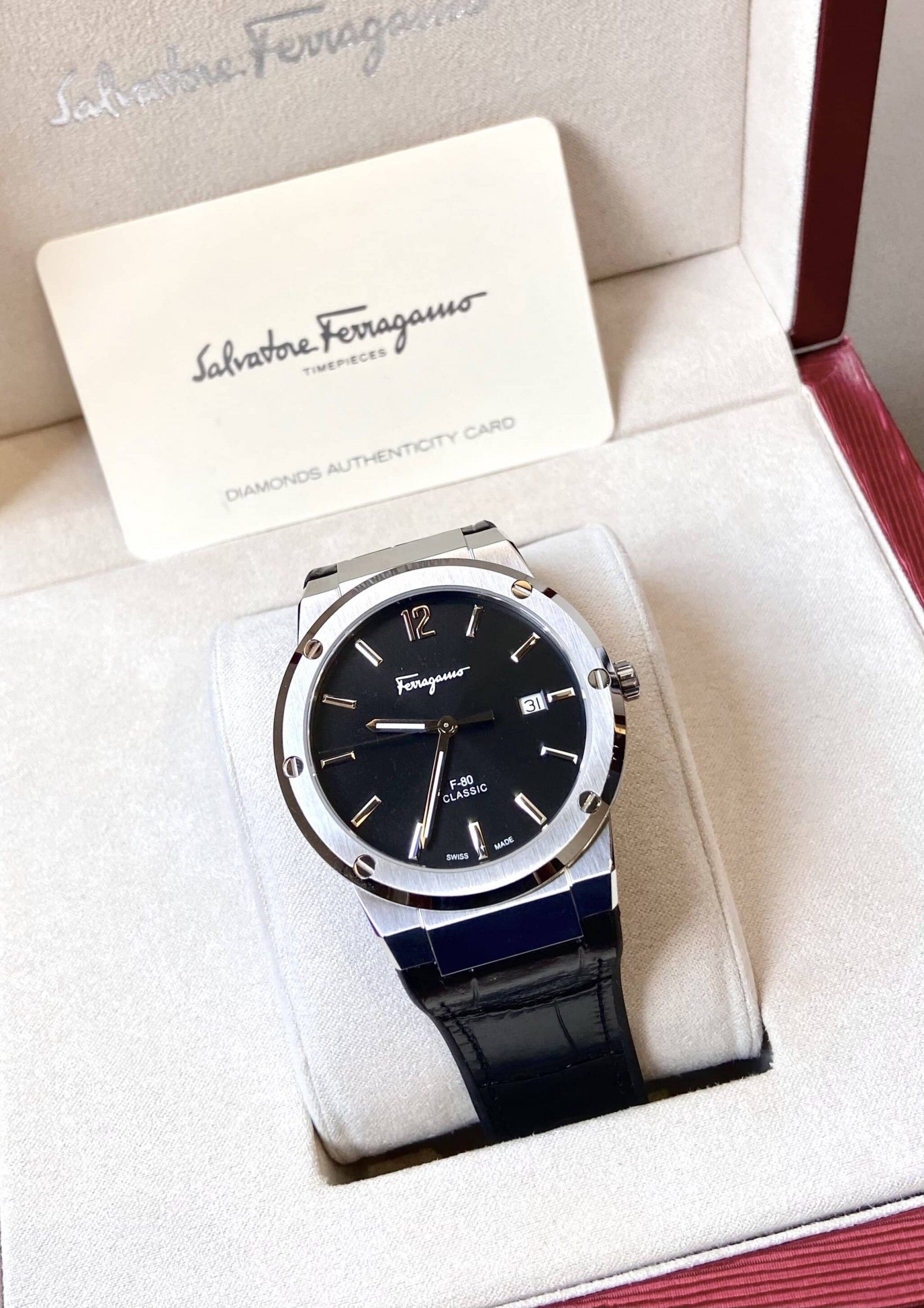 Salvatore Ferragamo F-80 Classic Black Dial Black Leather Strap  Watch for Men - SFDT00219