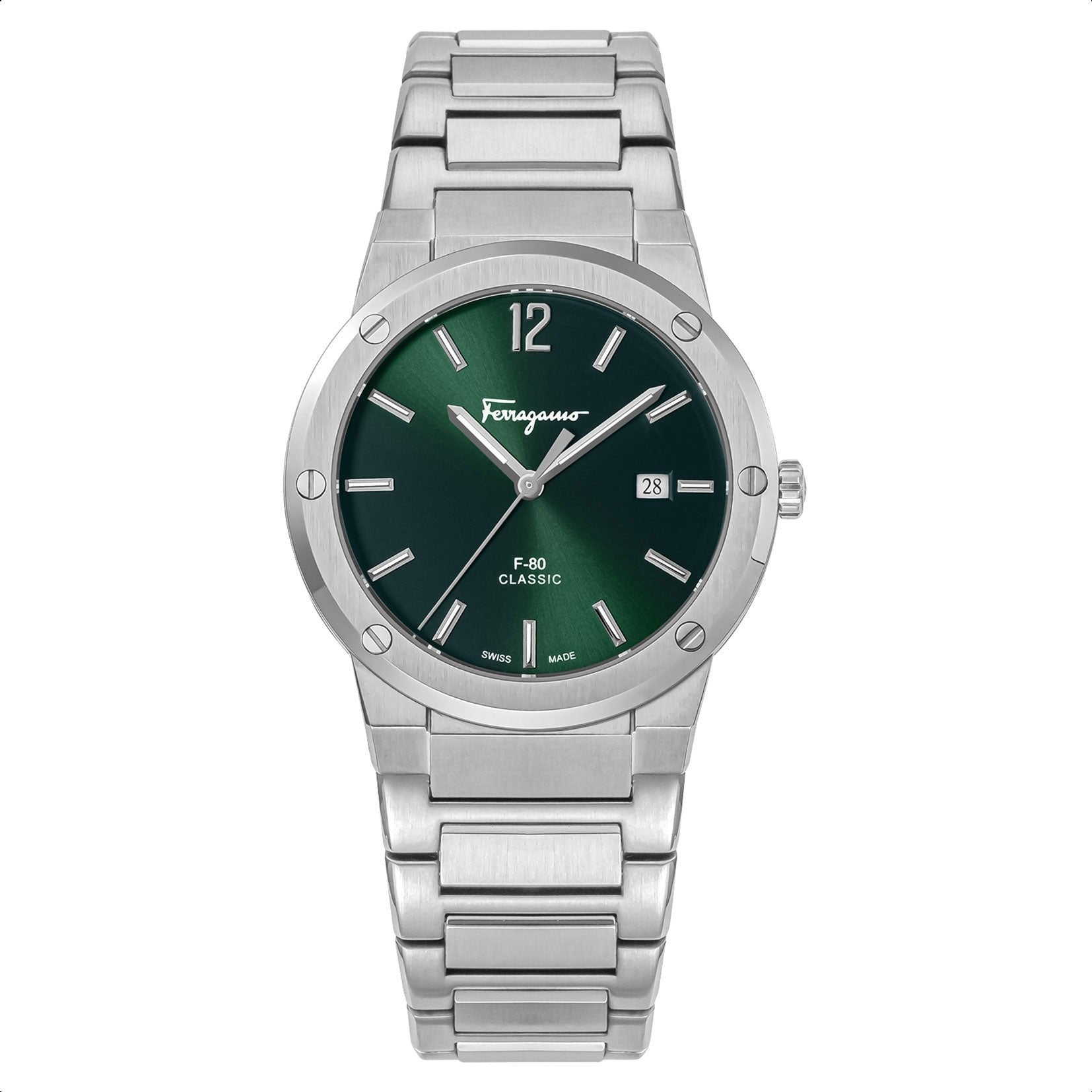 Salvatore Ferragamo F-80 Classic Green Dial Silver Steel Strap Watch for Men - SFDT02123