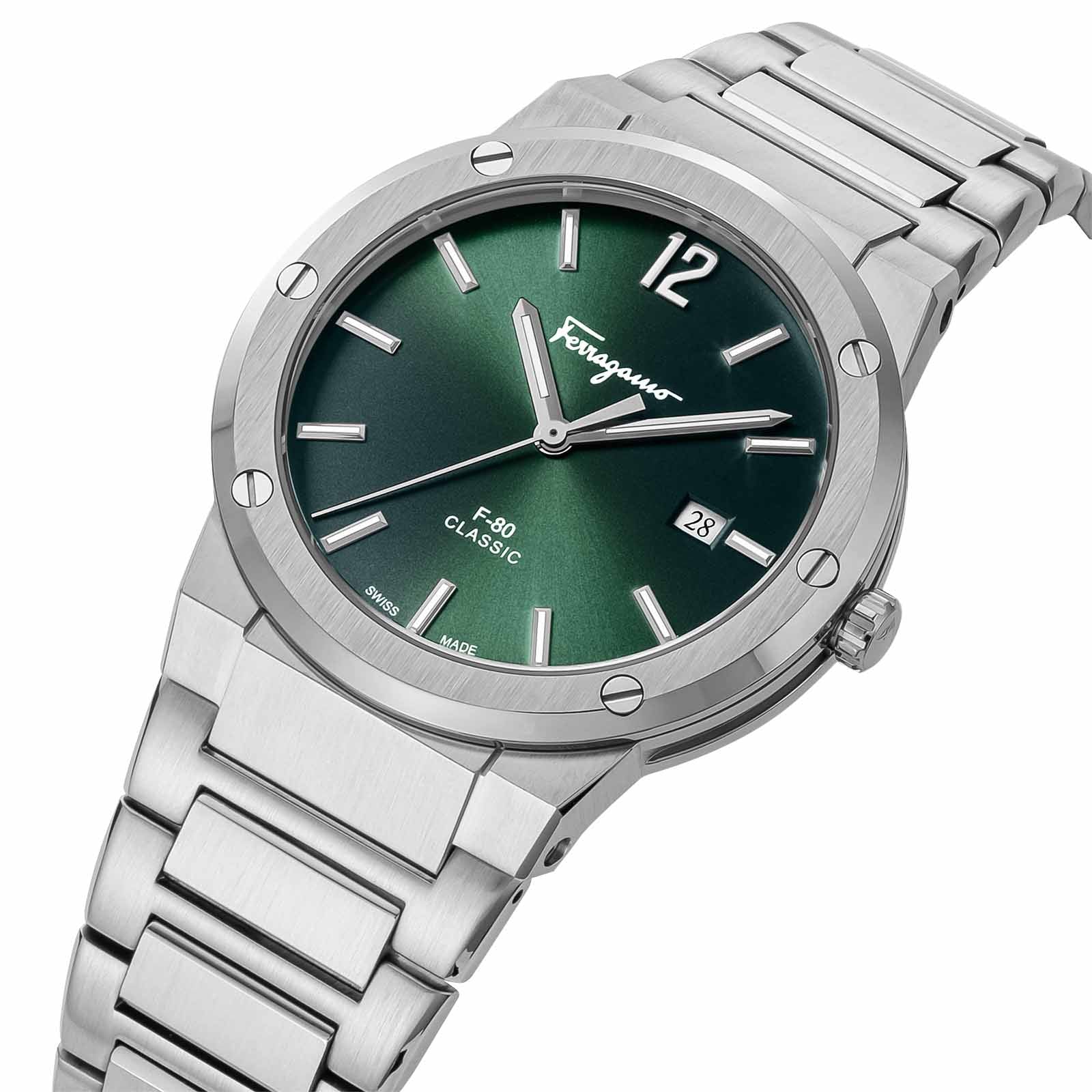 Salvatore Ferragamo F-80 Classic Green Dial Silver Steel Strap Watch for Men - SFDT02123