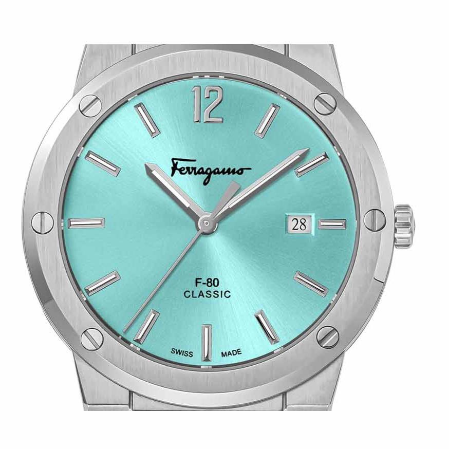 Salvatore Ferragamo F-80 Classic Tiffany Blue Dial Silver Steel Strap Watch for Men - SFDT02323