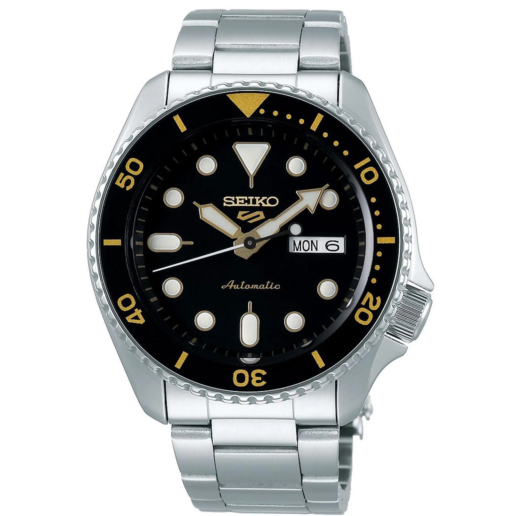 Seiko 5 Sports Black Dial Silver Stainless Steel Bracelet Automatic Mens Watch SRPD57K1