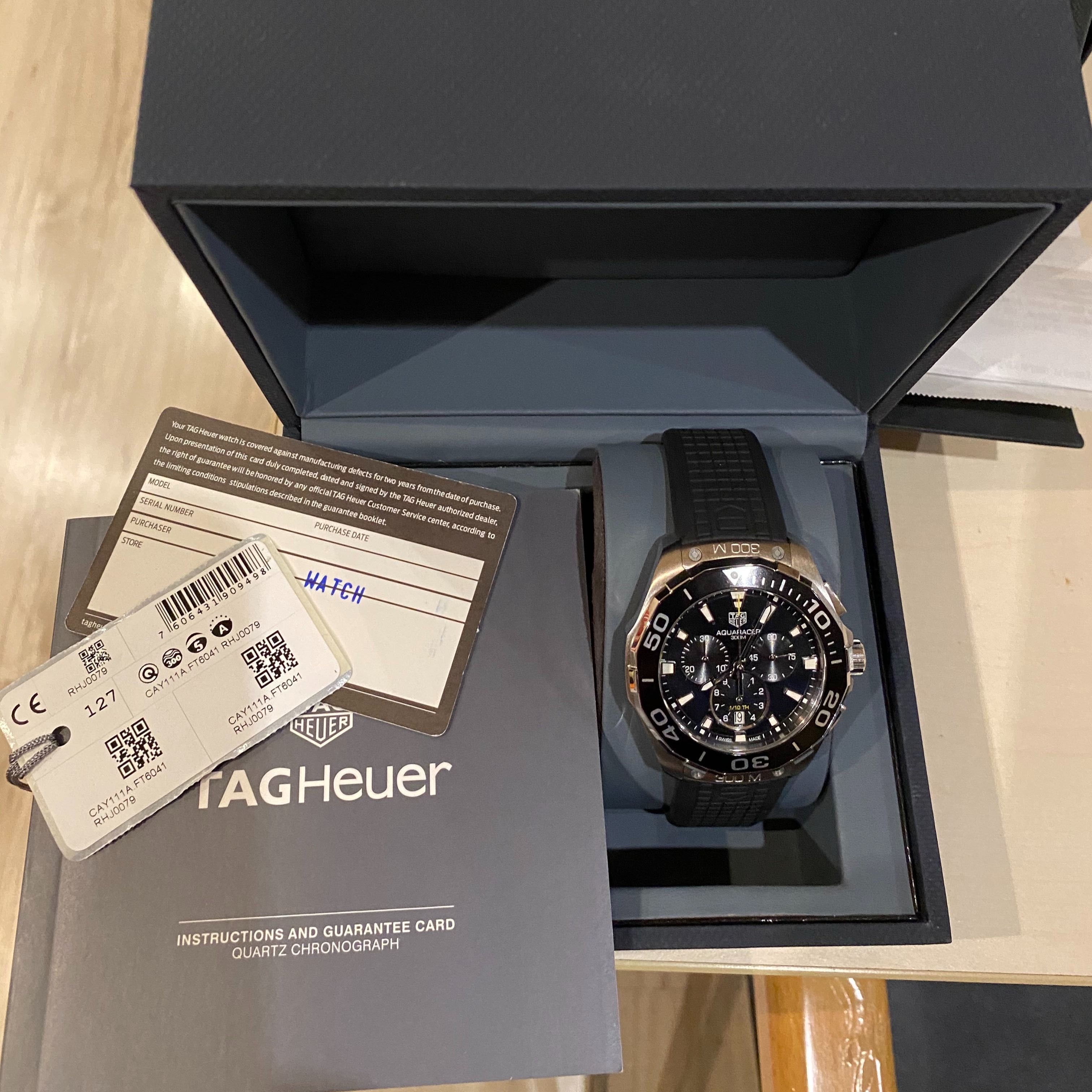 Tag Heuer Carrera Aquaracer Quartz Chronograph Black Dial Black Rubber Strap Watch for Men - CAY111A.FT6041