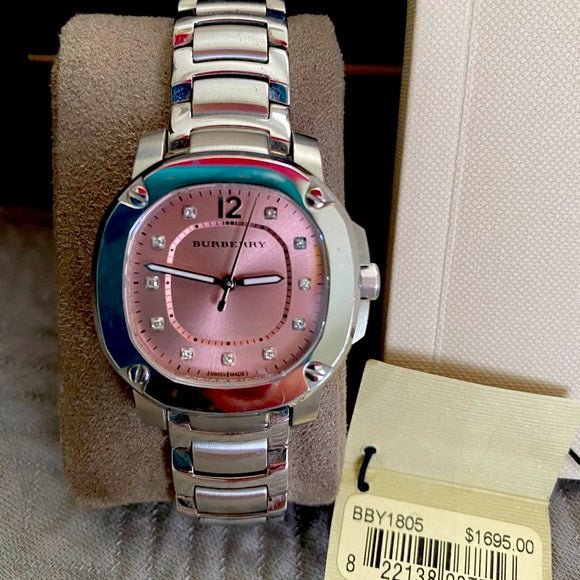 Burberry The Britain Diamonds Pink Dial Silver Steel Strap Watch for Women - BBY1805