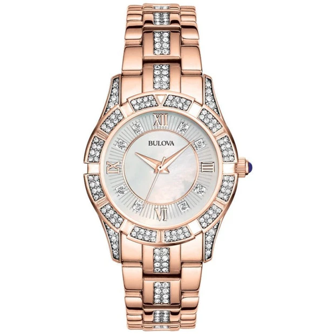 Bulova Crystal Mother of Pearl Dial Rose Gold Steel Strap Watch for Women - 98L197