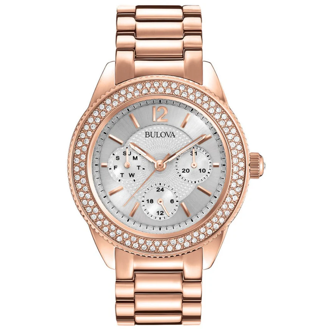 Bulova Crystal Silver Dial Rose Gold Steel Strap Watch for Women - 97N101