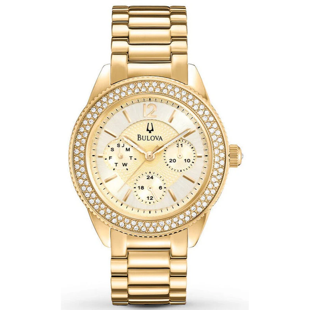 Bulova Multi Function Gold Dial Gold Steel Strap Watch for Women - 97N102