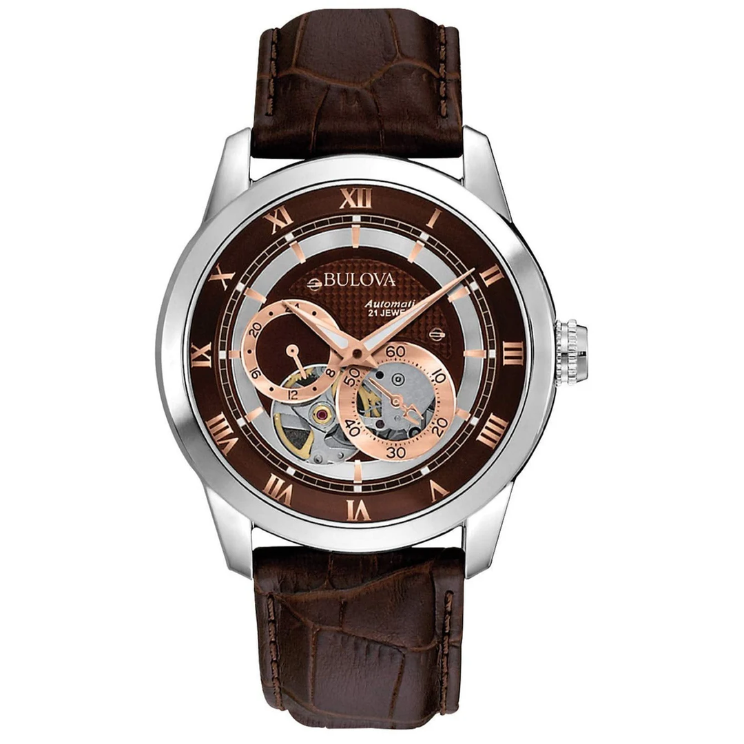 Bulova Classic Skeleton Automatic Brown Dial Brown Leather Strap Watch for Men - 96A120