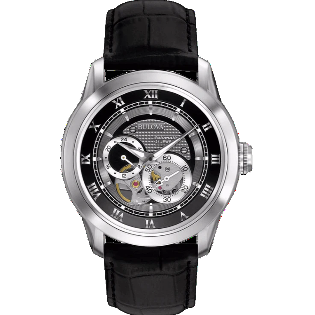 Bulova BVA Classic Automatic Silver Dial Black Leather Strap Watch for Men - 96A135