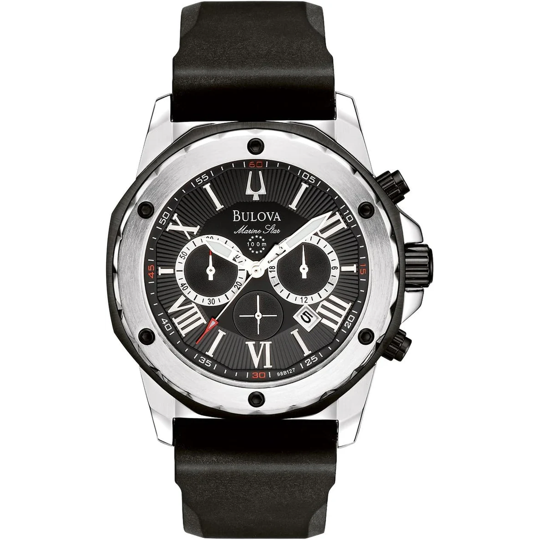 Bulova Marine Star Chronograph Black Dial Black Rubber Strap Watch for Men - 98B127