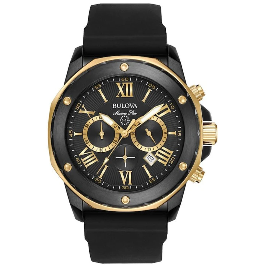 Bulova Marine Star Chronograph Black Dial Black Rubber Strap Watch for Men - 98B278