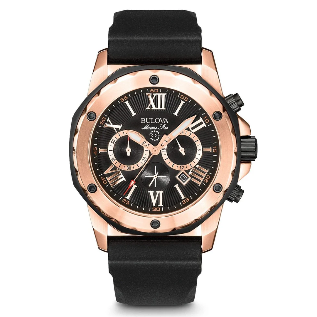 Bulova Marine Star Chronograph Black Dial Black Rubber Strap Watch for Men - 98B104