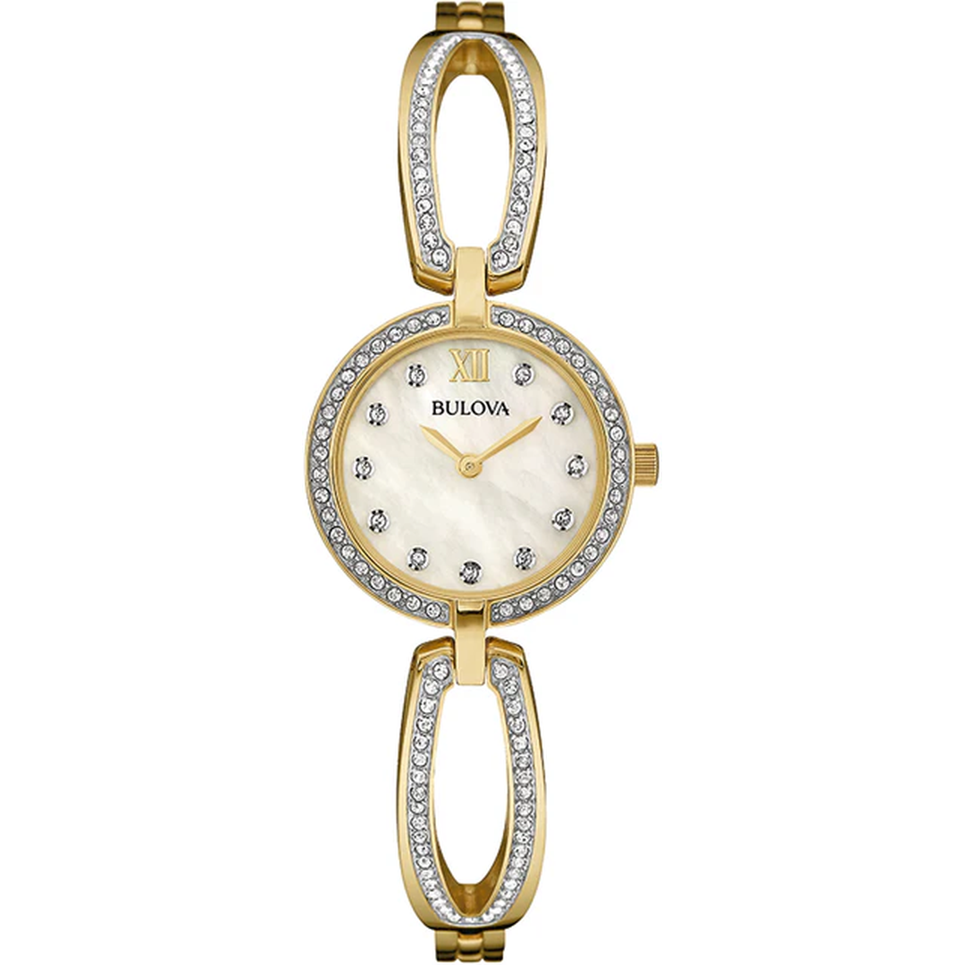 Bulova Crystal Collection Mother of Pearl Dial Gold Steel Strap Watch for Women - 98L225