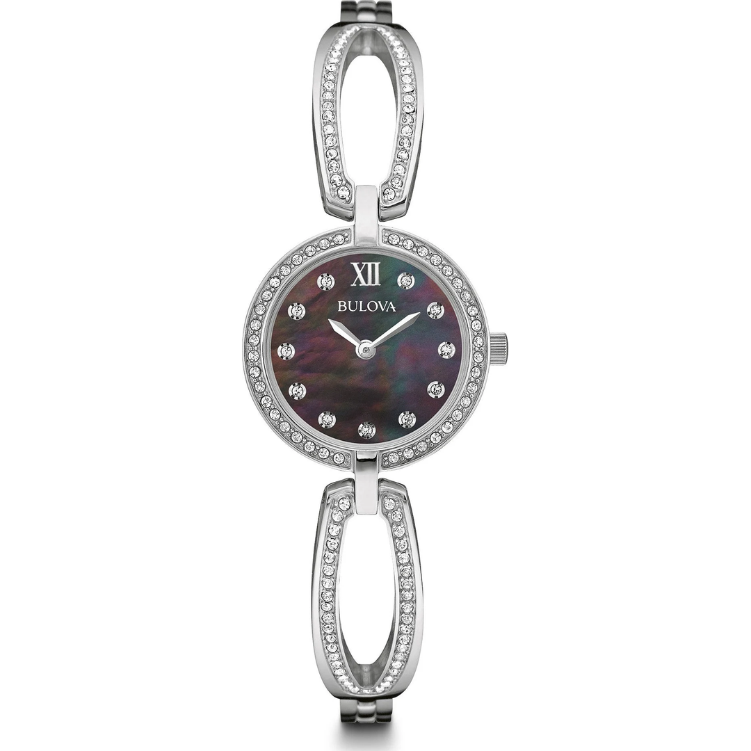 Bulova Crystal Black Mother of Pearl Dial Silver Steel Strap Watch for Women - 96L224